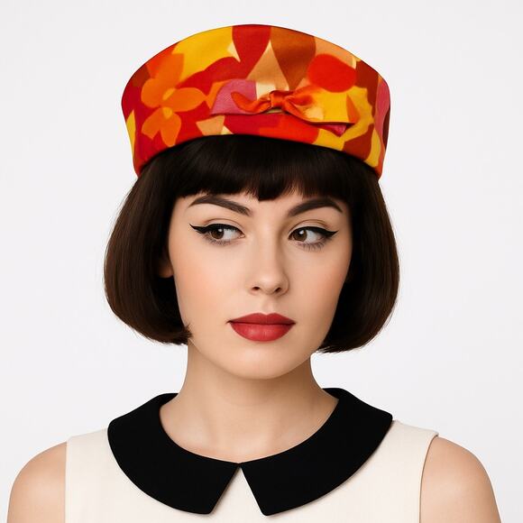 Vintage Accessories - Vintage 1960s Mod Bright Pop Art Floral Pillbox Hat